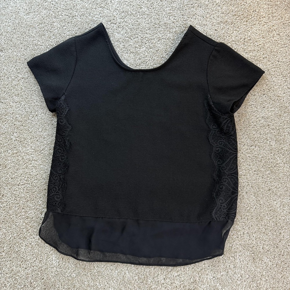LOFT Blouse Womens Small Black Lace Side Chiffon High Low Hem Short Sleeve Top
